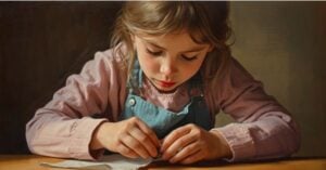 A young girl wearing a blue apron and pink shirt is focused on sewing a piece of fabric at a wooden table, developing inner discipline and building her children’s self-worth through hands-on work. Montessori Nature Printables
