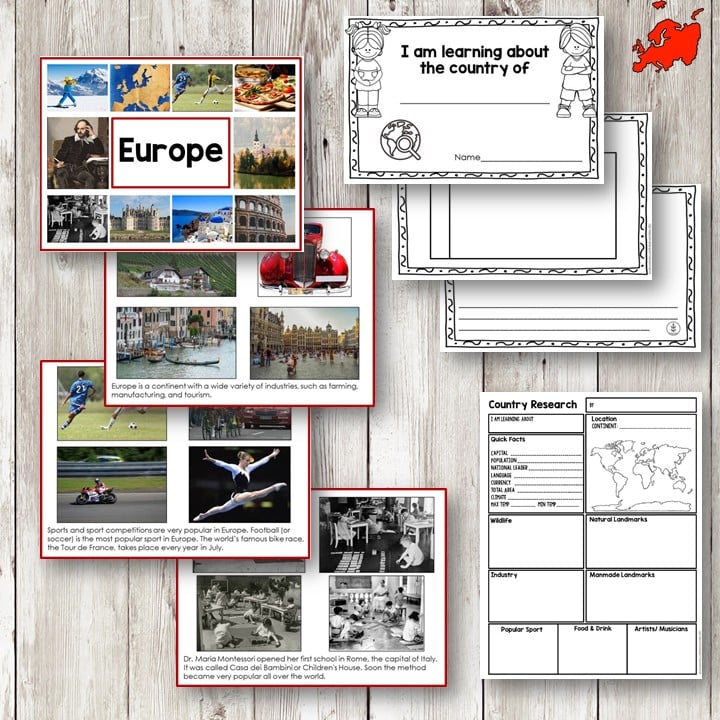 The Europe Picture Cards Facts Student Book offers educational resources on Europe, including maps, photos of landmarks, cultural images, and printable country research worksheets for students. Montessori Nature Printables