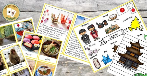 Educational cards featuring images and information about Japanese culture, including food, traditional clothing, art, animals, maps, and origami—perfect for Montessori activities exploring Japan.