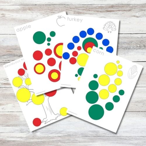 Knobless Cylinder Extension Cards: Fall Patterns—four worksheets with trees and food (apples, turkey, corn), colored circles for sorting/matching; perfect for Montessori-inspired classrooms exploring autumn patterns. Montessori Nature Printables