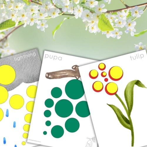 Three illustrated Knobless Cylinder Sensorial Extension Cards: Spring Patterns are shown side by side—one labeled "lightning" with yellow circles and blue raindrops, one "pupa" with green circles and a brown shape, and one "tulip" with spring motifs. White blossoms are in the background. Montessori Nature Printables