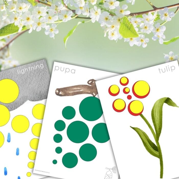 Three illustrated Knobless Cylinder Sensorial Extension Cards: Spring Patterns are shown side by side—one labeled "lightning" with yellow circles and blue raindrops, one "pupa" with green circles and a brown shape, and one "tulip" with spring motifs. White blossoms are in the background. Montessori Nature Printables