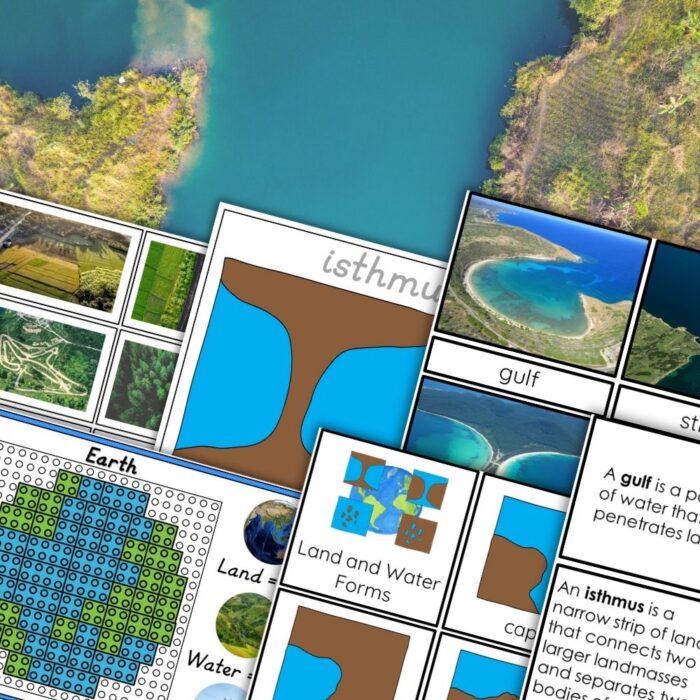 The Land and Water Forms Pack includes maps, diagrams, and definitions (like isthmus and gulf)—ideal for introducing Montessori geography concepts. Montessori Nature Printables