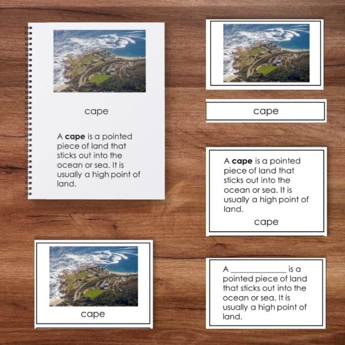The "Inland and Coastal Features" set includes a worksheet and cards featuring an aerial photo of a cape, labeled and defined as a pointed coastal landform extending into the ocean or sea. Montessori Nature Printables