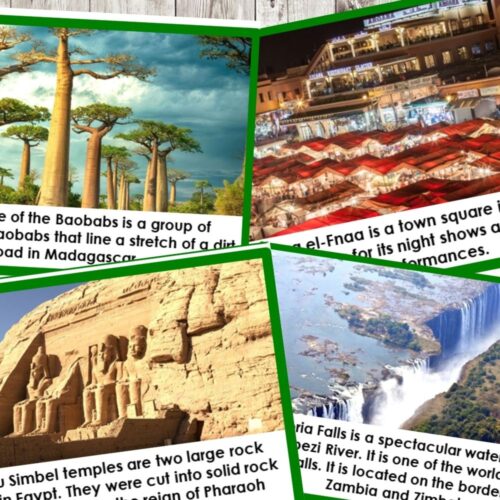 Landmarks in Africa Sort is a set of educational cards with descriptions and photos of natural and artificial African landmarks, perfect for engaging sorting activities. Montessori Nature Printables