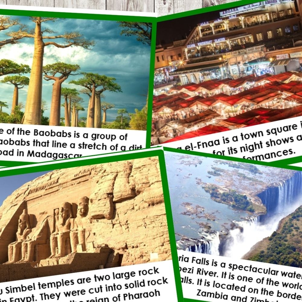 Landmarks in Africa Sort is a set of educational cards with descriptions and photos of natural and artificial African landmarks, perfect for engaging sorting activities. Montessori Nature Printables