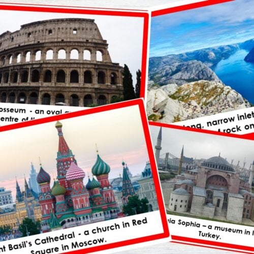 Landmarks in Europe Sort Picture Cards: a sorting activity with labeled images and definitions of natural and artificial European landmarks on a white background. Montessori Nature Printables