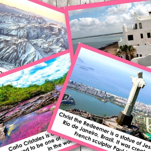 The Landmarks in South America Sort showcases a vivid collage of iconic sites, including mountains, a seaside white building, a grand waterfall, and the Christ the Redeemer statue above Rio de Janeiro. Montessori Nature Printables