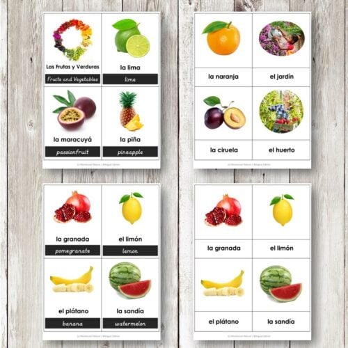 Las Frutas y Verduras - Fruits & Vegetables Vocabulary 3 Part Cards - Bilingual - Spanish help build fruit and vegetable vocabulary with images and names for pomegranate, lemon, banana, watermelon, orange, and cherry. Montessori Nature Printables