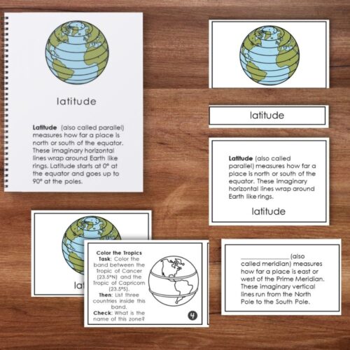The "Latitude and Longitude: Geographic Coordinate System" set includes educational cards and a booklet with illustrated globes and clear explanations, all arranged on a wooden surface. Montessori Nature Printables