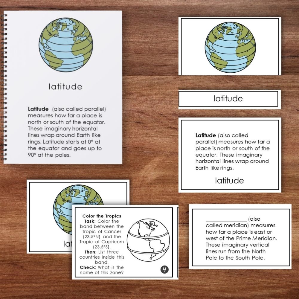The "Latitude and Longitude: Geographic Coordinate System" set includes educational cards and a booklet with illustrated globes and clear explanations, all arranged on a wooden surface. Montessori Nature Printables