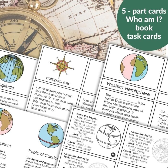 The "Latitude and Longitude: Geographic Coordinate System" set includes five illustrated task cards with questions on topics like latitude, longitude, compass rose, and hemispheres, all arranged over a vintage map with a compass. Montessori Nature Printables