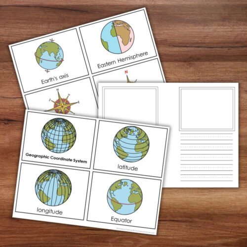 The "Latitude and Longitude: Geographic Coordinate System" set includes four educational flashcards on Earth's axis, Eastern Hemisphere, latitude, and longitude, plus two blank templates, all shown on a wooden surface. Montessori Nature Printables