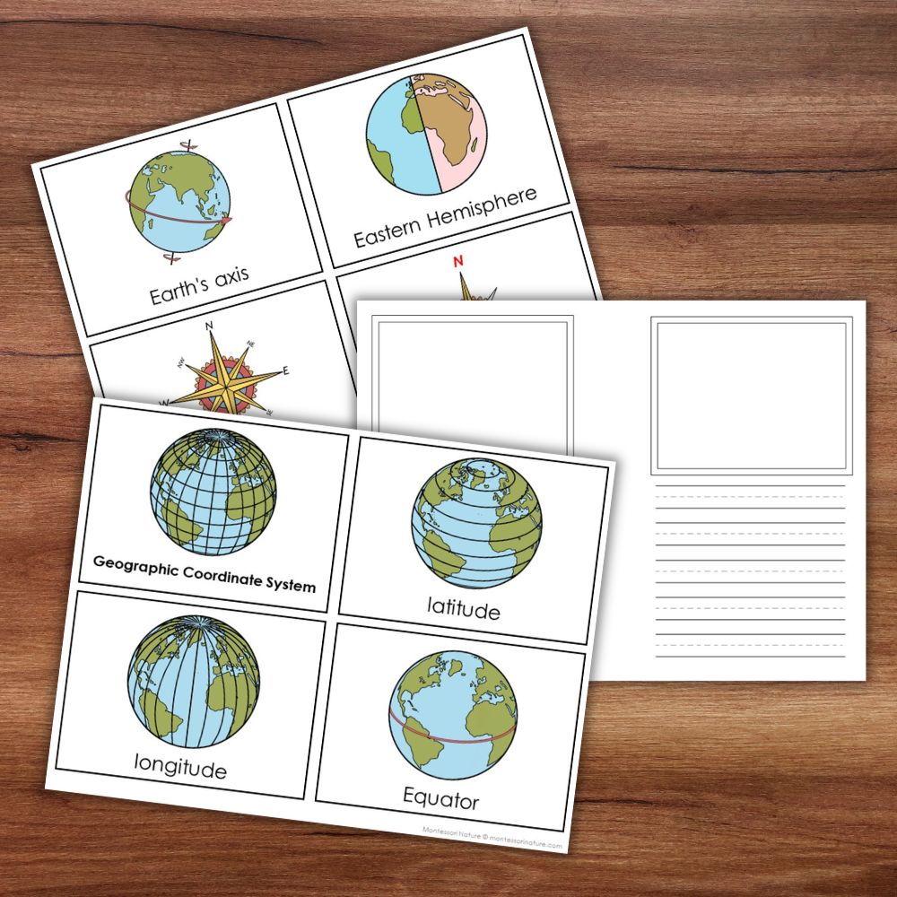 The "Latitude and Longitude: Geographic Coordinate System" set includes four educational flashcards on Earth