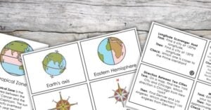 Assorted educational geography cards are spread out on a wooden surface, displaying maps, globes, compasses, longitude and latitude challenges, and instructional scavenger hunt tasks—perfect for hands on activities and interactive printables. Montessori Nature Printables