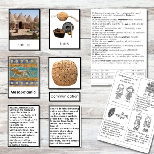 Ancient Mesopotamia: Fundamental Needs – a collage of images and text on shelters, tools, art, cuneiform writing, and worksheets summarizing key facts and basic needs of early civilizations. Montessori Nature Printables