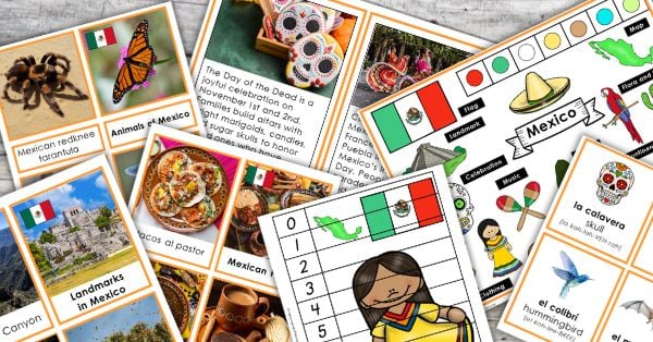 A collage of educational flashcards and worksheets about Mexican culture, featuring food, animals, landmarks, symbols, and Day of the Dead activities inspired by Montessori methods in Mexico. Montessori Nature Printables