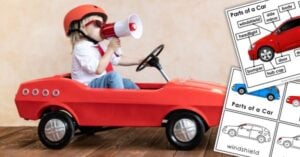 A child in a toy car with a megaphone explores preschool learning through fun Montessori car activities and hands-on learning. Montessori Nature Printables