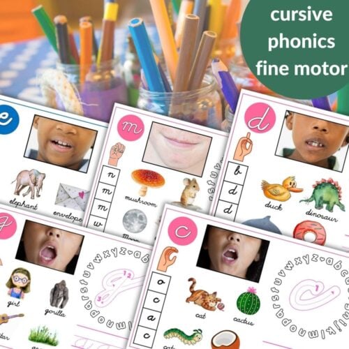 The Initial Sound Phonics Alphabet Letter Activity Pages feature three worksheets with kids’ mouths forming letter sounds, animals and objects, pencils in a jar, and text highlighting “cursive phonics fine motor” and letter practice. Montessori Nature Printables