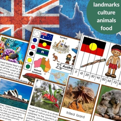 A collage featuring the Australia: Map Flag Animals Food Landmarks product, with educational cards about landmarks, native animals, Aboriginal culture, local foods, and the words “landmarks, culture, animals, food.”. Montessori Nature Printables
