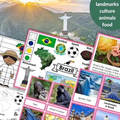 Collage titled "Brazil: Map Flag Animals Food Landmarks," featuring a Brazil map, native animals, food, and iconic symbols set against the Christ the Redeemer statue backdrop. Montessori Nature Printables