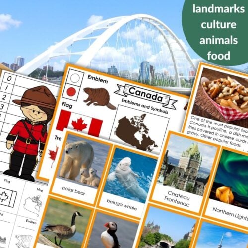 Discover "Canada: Map Flag Animals Food Landmarks" worksheets showcasing Canada’s flag, map, animals, foods, and landmarks on a white arched bridge background. Montessori Nature Printables