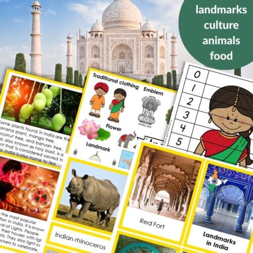 The "India: Map Flag Animals Food Landmarks" set features images and flashcards of Indian landmarks, animals, traditional clothing, food, the flag, cultural icons like the Taj Mahal and Red Fort, and unique wildlife. Montessori Nature Printables
