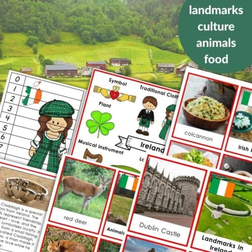 Ireland: Map Flag Animals Food Landmarks cards showcase illustrations of Irish animals, famous landmarks, traditional foods, and cultural symbols set against a green countryside village backdrop. Montessori Nature Printables