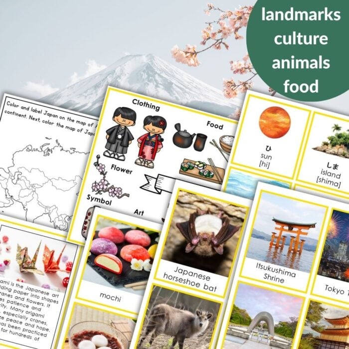 A collage from "Japan: Map Flag Animals Food Landmarks," showcasing Japanese culture with food, animals, traditional clothing, a Japan map with landmarks, and illustrated flashcards. Montessori Nature Printables