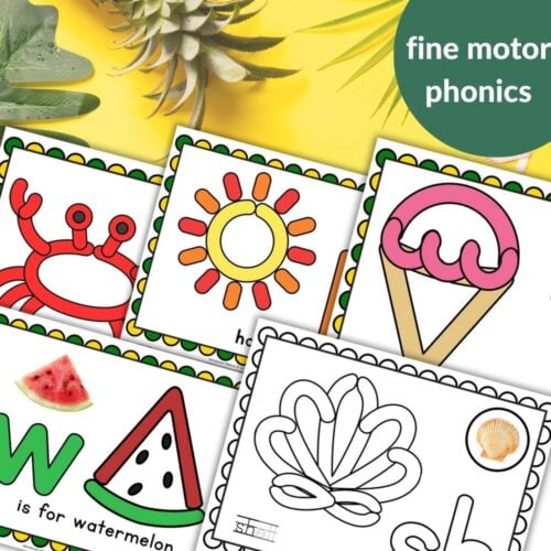 Summer Playdough Mats Fine Motor features colorful illustrated worksheets with crab, sun, ice cream, watermelon, and shell images on a yellow background—ideal for hands-on phonics and fine motor learning activities. Montessori Nature Printables