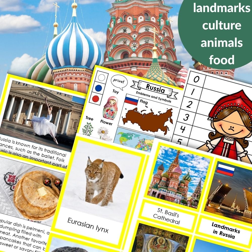 Collage titled "Russia: Map Flag Animals Food Landmarks" features the country's map, flag, iconic landmarks, traditional food, native animals, and educational materials about Russian symbols and traditions. Montessori Nature Printables