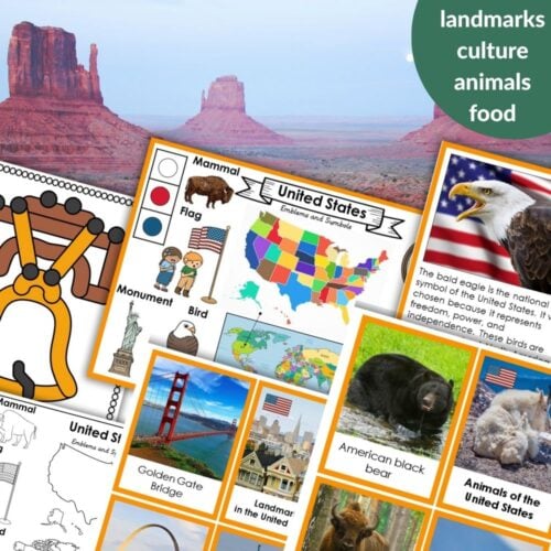 The United States: Map Flag Animals Food Landmarks set includes educational cards and illustrations of U.S. landmarks, animals, food, and cultural symbols with a scenic Monument Valley background and a map of famous sights. Montessori Nature Printables