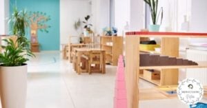 An enchanting child's playroom adorned with wooden shelves and featuring a delightful plant.