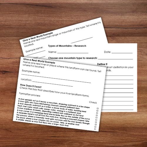 The "Mountains and River Landforms" worksheets feature prompts for examples, research on landforms, and sections to define and explain the formation of mountains and river landforms. Montessori Nature Printables