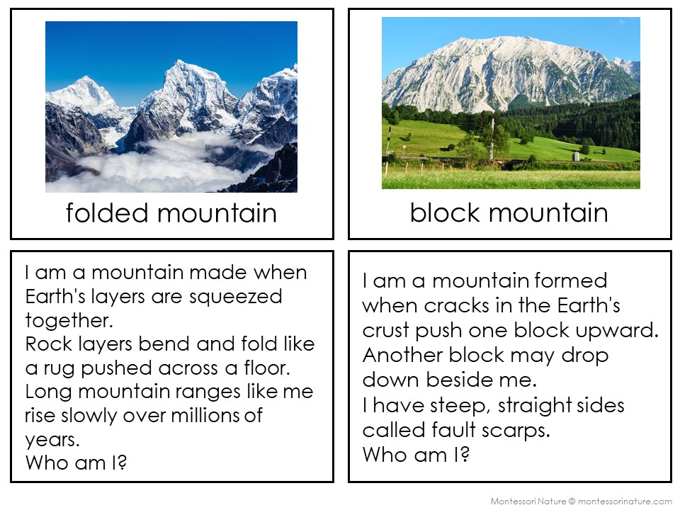 The Mountains and River Landforms product features two labeled images: one of a folded mountain with layered, curved peaks, and another of a block mountain with steep sides and grassy terrain, highlighting their unique features. Montessori Nature Printables
