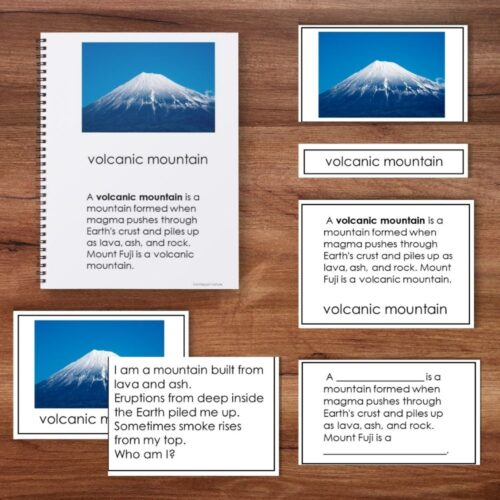 The "Mountains and River Landforms" set includes a worksheet and flashcards about volcanic mountains, with images of Mount Fuji and definitions of these landforms, plus information on other major mountains. Montessori Nature Printables