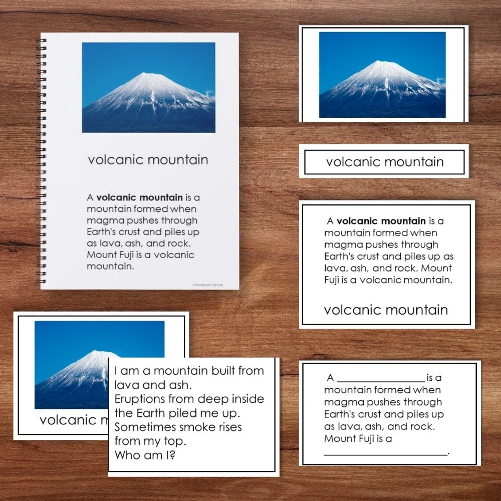 The "Mountains and River Landforms" set includes a worksheet and flashcards about volcanic mountains, with images of Mount Fuji and definitions of these landforms, plus information on other major mountains. Montessori Nature Printables