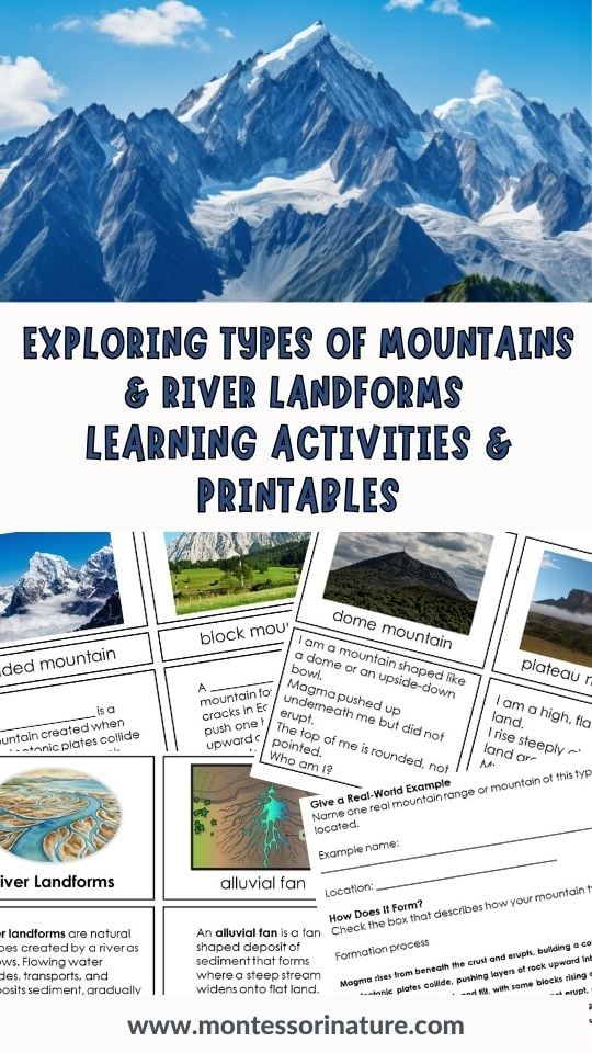 Educational poster featuring images and printable cards about mountain types and river landforms, with examples and science activities for students to explore each feature. Montessori Nature Printables