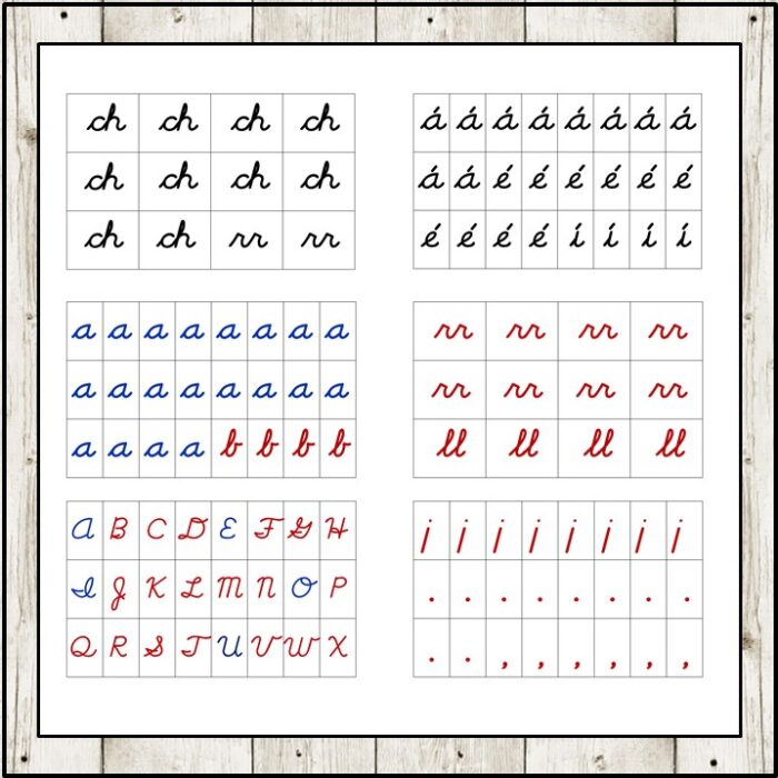 A chart from the Spanish Moveable Alphabet shows "ch," accented "a," blue upper and lowercase letters, red lowercase letters, and red commas on a white wooden background. Montessori Nature Printables