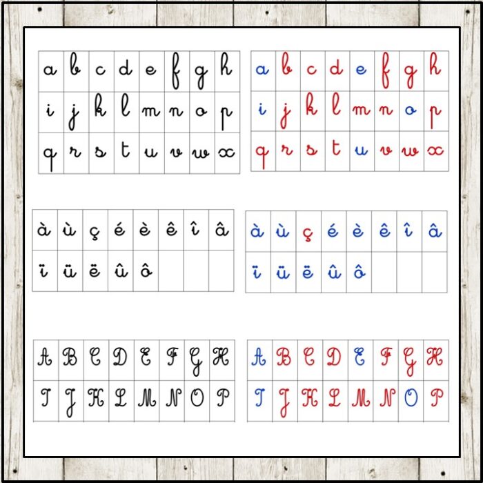 French Moveable Alphabet chart features cursive lowercase and uppercase letters with accents, in black and blue (left) and red (right), set on a white background with a wooden border. Montessori Nature Printables