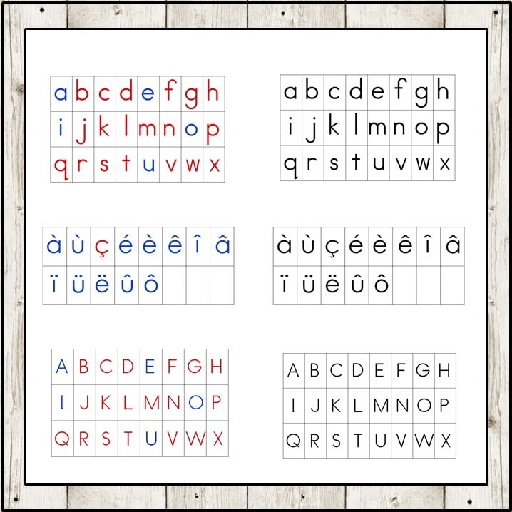 The French Moveable Alphabet includes a chart of uppercase/lowercase letters with accented characters in colored and black-and-white versions—ideal for alphabet activities. Montessori Nature Printables