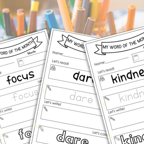 The "My Word of the Month: Character Building Writing Exercise" includes three printable worksheets featuring "focus," "dare," and "kindness," each shown in front of a cup with colored pencils—ideal for monthly writing or character lessons. Montessori Nature Printables