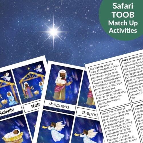 Silent Night Nativity: Safari TOOB Compatible 3 Part Cards & Facts are shown with description sheets, set against a starry night sky and bright star for Nativity-themed activities. Montessori Nature Printables