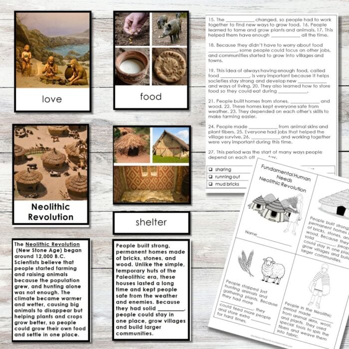 Create a collage using the Neolithic New Stone Age Agricultural Revolution Fundamental Needs 3-Part Cards Blackline Master, with images and text about love, food, shelter, and social change—includes colorful illustrations and a worksheet. Montessori Nature Printables