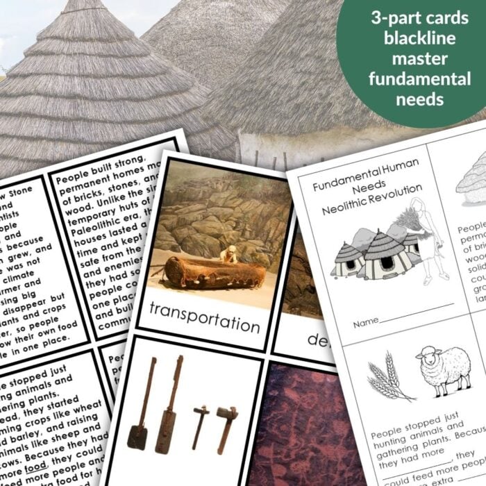Neolithic New Stone Age Agricultural Revolution: Fundamental Needs—educational cards with text and overlapping illustrations of tools, animals, huts, and scenes from the Neolithic/Agricultural Revolution. Montessori Nature Printables