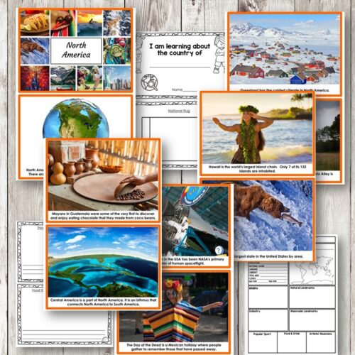 North America Continent Cards: includes country research forms, color photos of landmarks and cultural scenes, plus black-and-white worksheets for educational use. Montessori Nature Printables