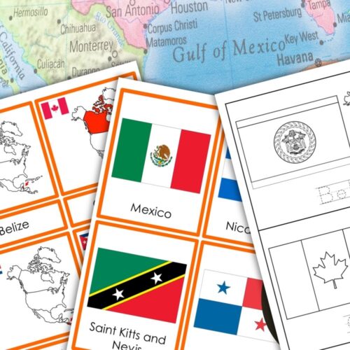The North America Continent Bundle includes educational cards and worksheets with flags and maps of North American countries like Antigua and Barbuda, Bahamas, and Barbados in both color and black-and-white versions. Montessori Nature Printables