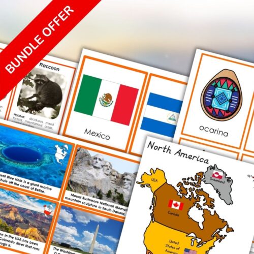 Collage of North America learning activities—maps, cards, worksheets, and images for kids. Text: "North America Continent Bundle - Learning Activities. Montessori Nature Printables