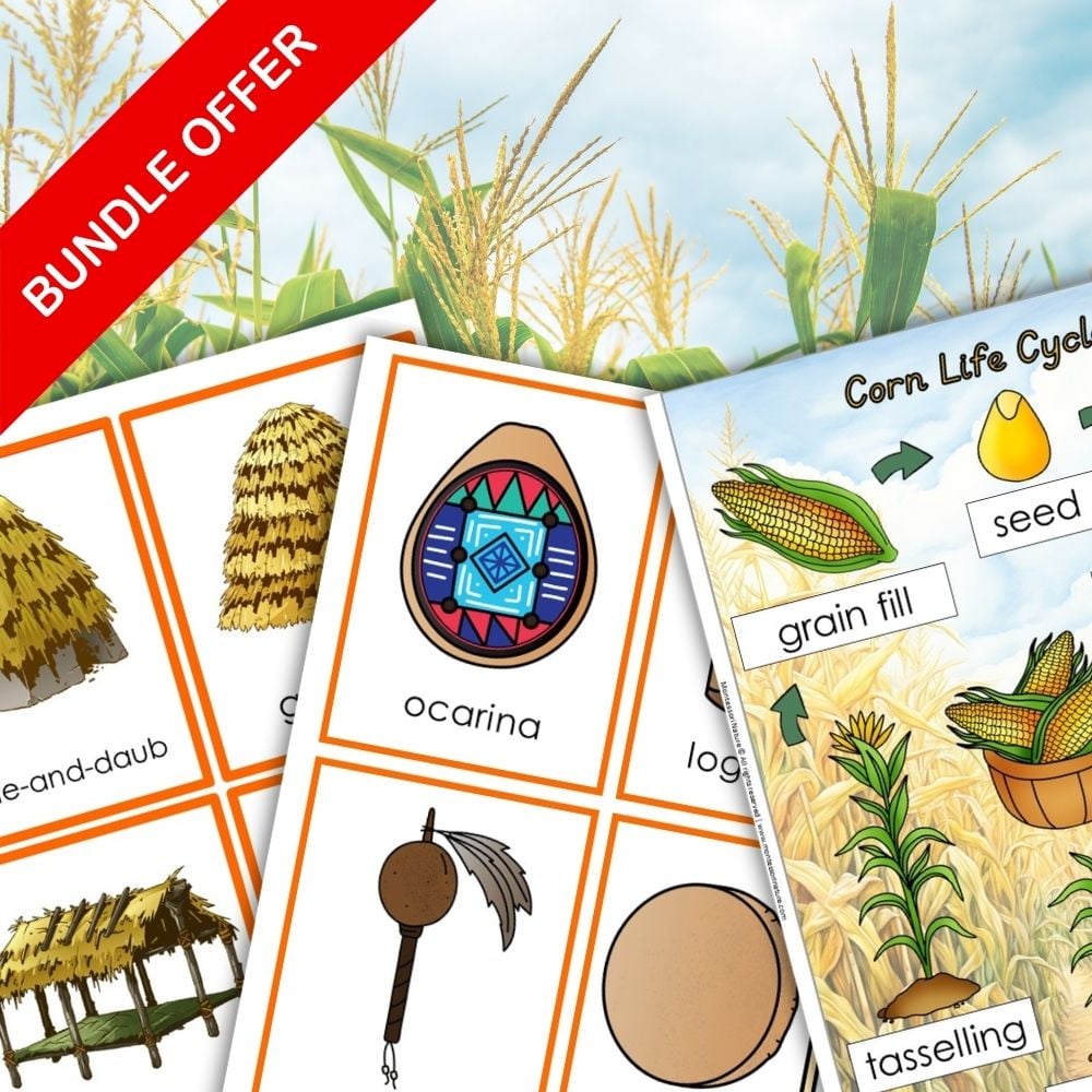 The November Bundle includes three illustrated educational worksheets on early dwellings, musical instruments, and the corn life cycle, all set against a cornfield background with a "November Bundle" banner. Montessori Nature Printables