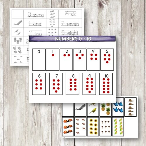 Count to 10 Match Up Number Cards Nature Theme Worksheets feature numbers 0–10 with dot, animal, and fruit images for counting practice, displayed on a wooden surface for a charming natural touch. Montessori Nature Printables